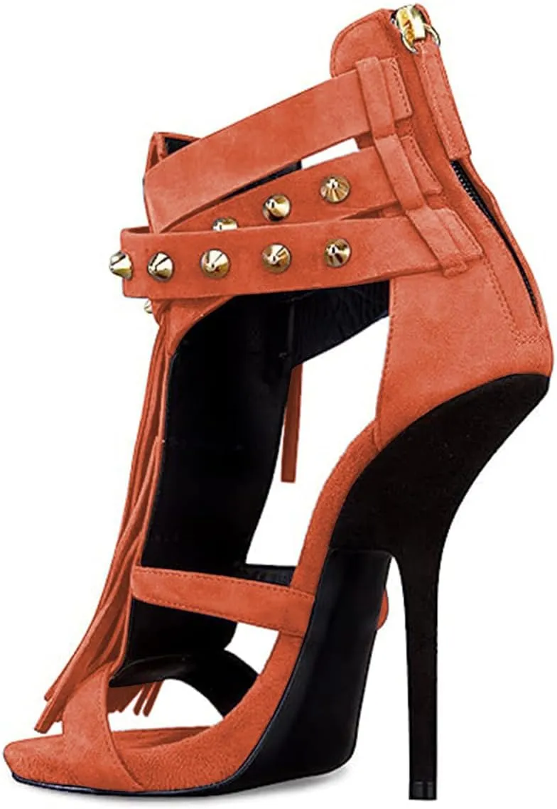 FSJ Women Tassels Gladiator Heeled Sandals Open Toe Stiletto High Heel Fringed Rivets Ankle Strap Back Zipper Shoes Size 4-15 US
