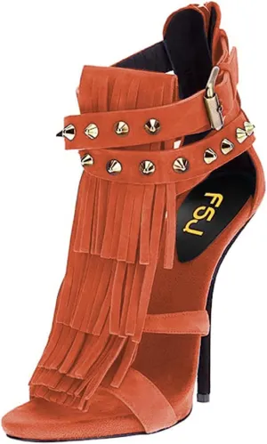 FSJ Women Tassels Gladiator Heeled Sandals Open Toe Stiletto High Heel Fringed Rivets Ankle Strap Back Zipper Shoes Size 4-15 US
