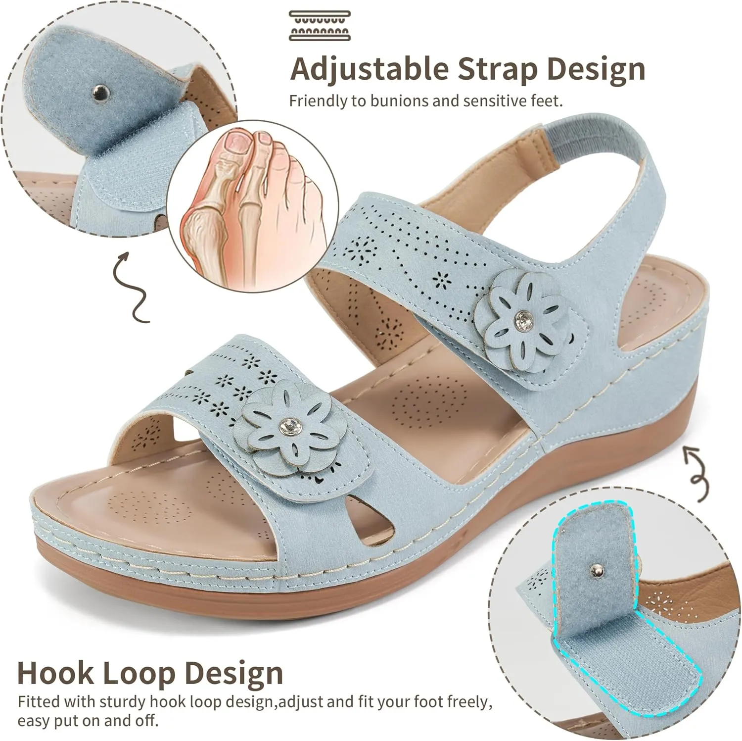 FUDYNMALC Sandals for Women Orthopedic Shoes: Comfortable Dressy Womens Wedge Sandal Summer Walking Wedges - Casual Platform Sandals with Adjustable Hook Loop