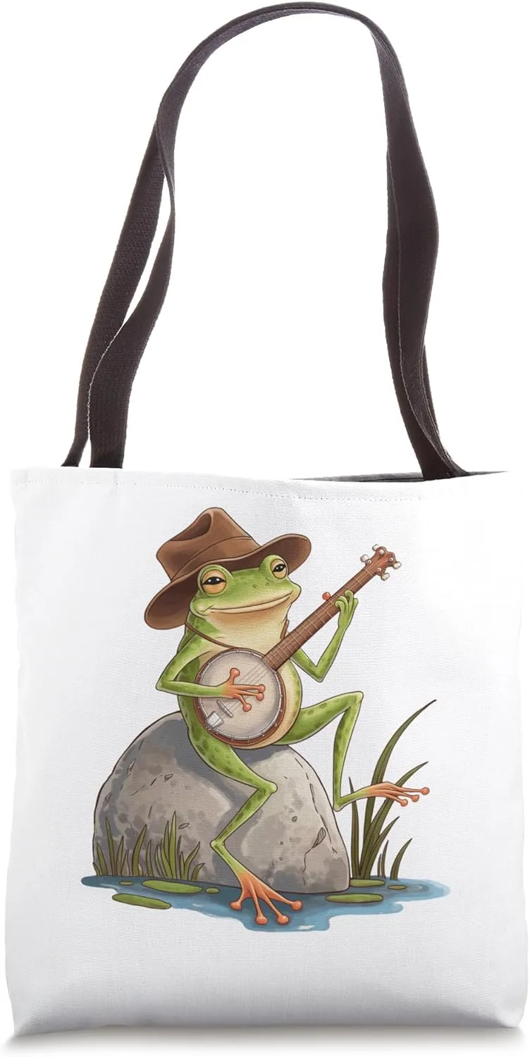 Funny Frog Wearing Cowboy Hat and Boots Playing Banjo Joke Tote Bag