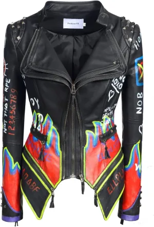 FUYUAN Women's fashion studs perfectly shaped artificial leather jacket graffiti punk motorcycle jacket