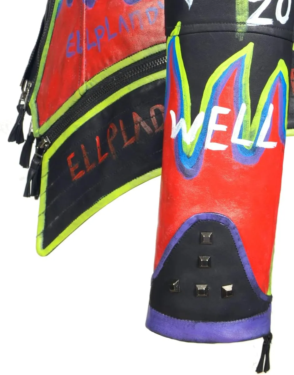 FUYUAN Women's fashion studs perfectly shaped artificial leather jacket graffiti punk motorcycle jacket