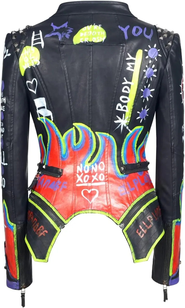FUYUAN Women's fashion studs perfectly shaped artificial leather jacket graffiti punk motorcycle jacket