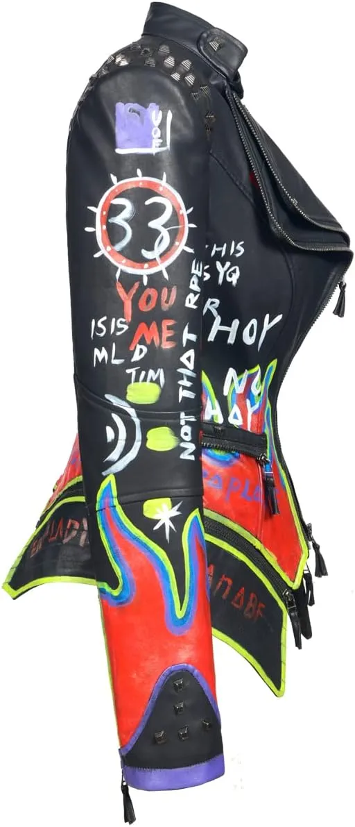 FUYUAN Women's fashion studs perfectly shaped artificial leather jacket graffiti punk motorcycle jacket