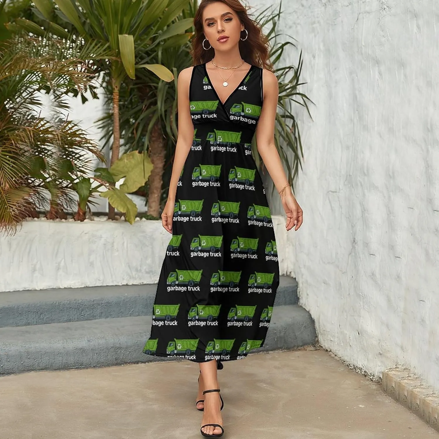 Garbage Truck Women's Summer Dresses Casual V Neck Sundress Sleeveless Long Dress for Beach Vacation