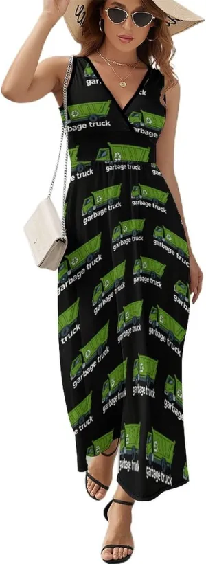 Garbage Truck Women's Summer Dresses Casual V Neck Sundress Sleeveless Long Dress for Beach Vacation