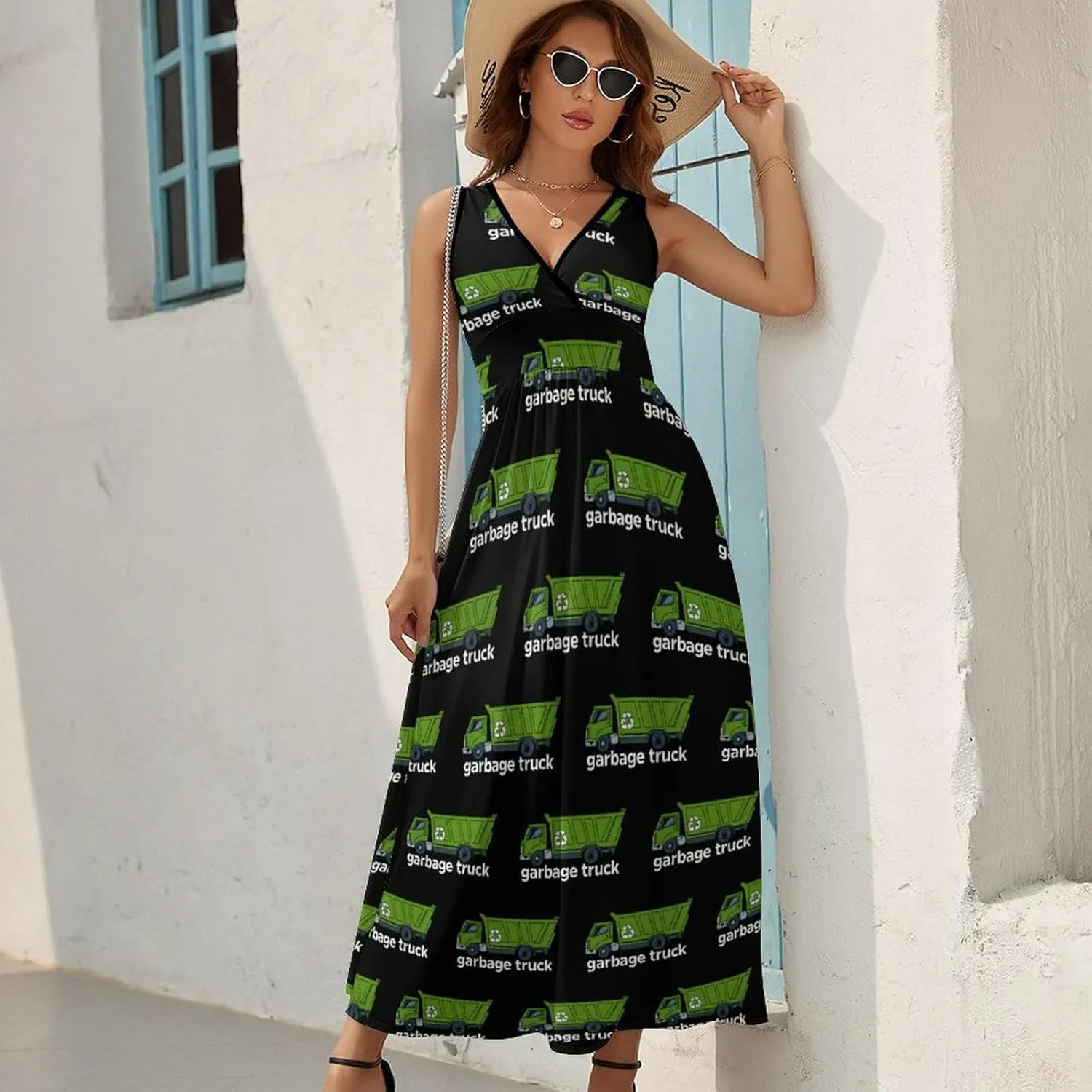 Garbage Truck Women's Summer Dresses Casual V Neck Sundress Sleeveless Long Dress for Beach Vacation