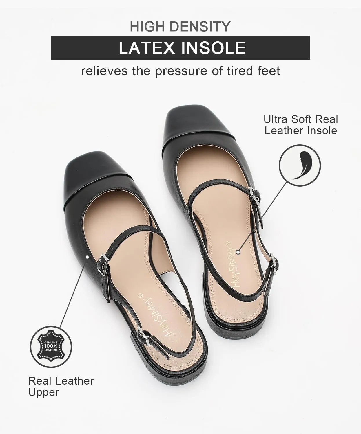 Genuine Leather Slingback Flats for Women Square Toe Elegant Women's Flats with Buckle Strap Dress Shoes for Casual Work Office Party