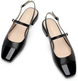 Genuine Leather Slingback Flats for Women Square Toe Elegant Women's Flats with Buckle Strap Dress Shoes for Casual Work Office Party