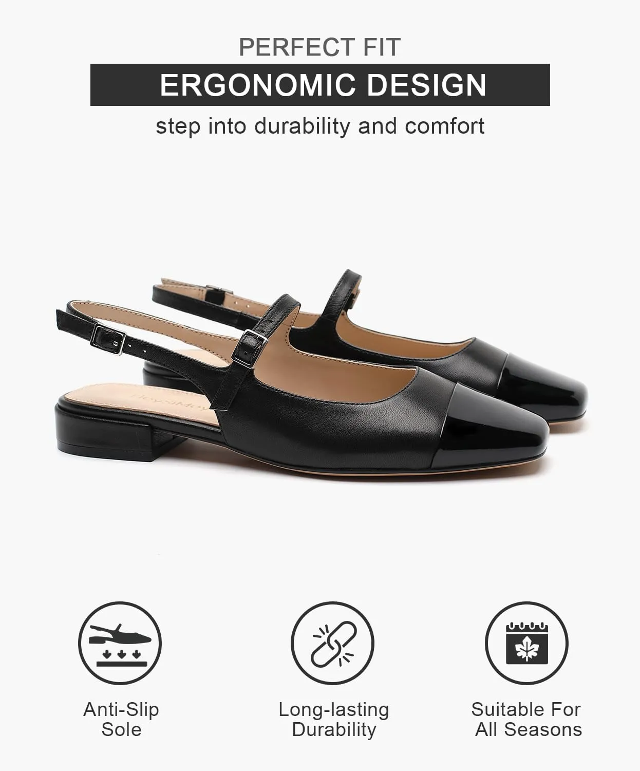 Genuine Leather Slingback Flats for Women Square Toe Elegant Women's Flats with Buckle Strap Dress Shoes for Casual Work Office Party
