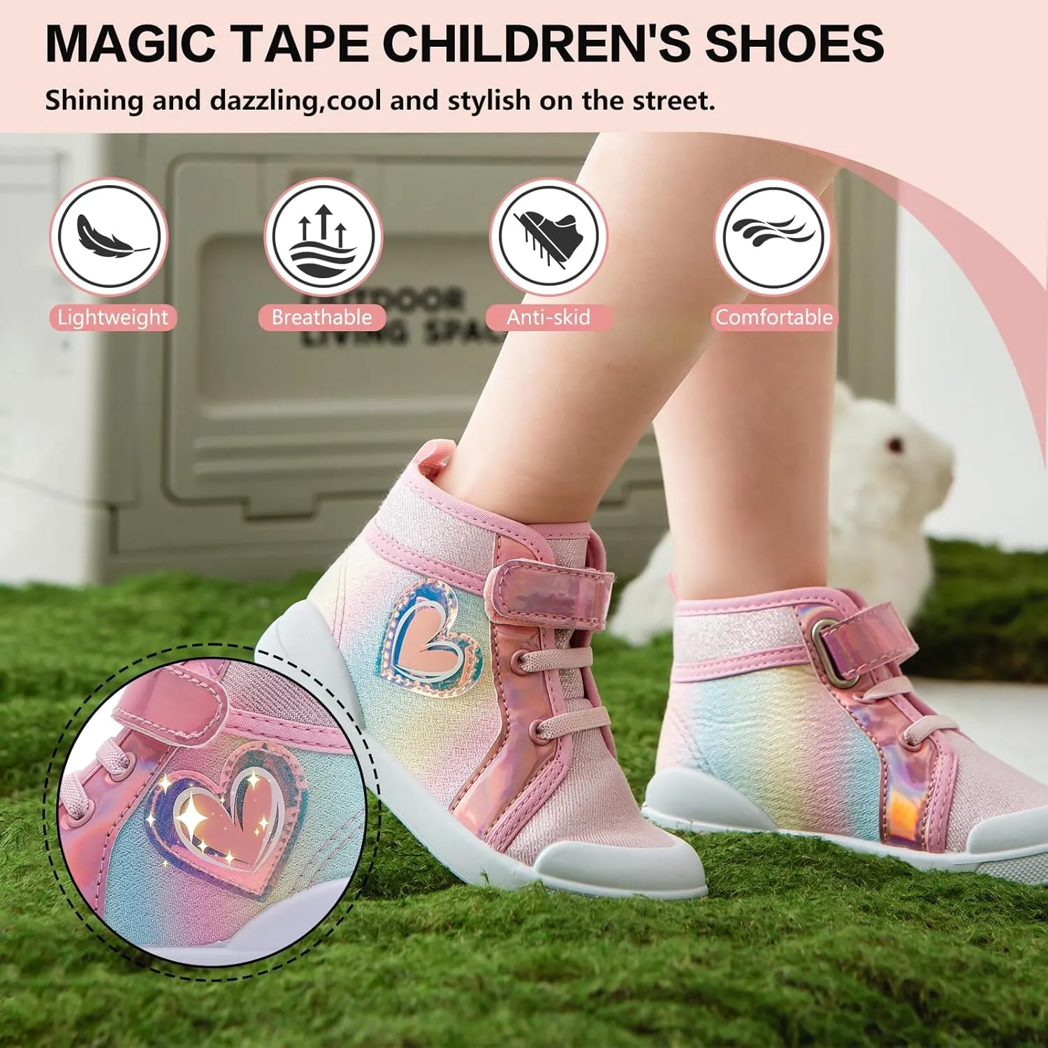 Girls Sneakers Kids High Top Casual Canvas Shoes with Hook & Loop Closure Gradient Color Pinky Heart