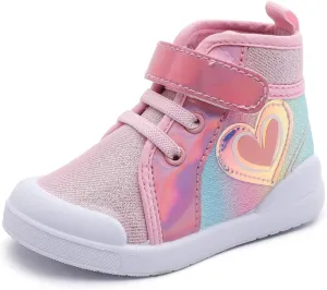 Girls Sneakers Kids High Top Casual Canvas Shoes with Hook & Loop Closure Gradient Color Pinky Heart