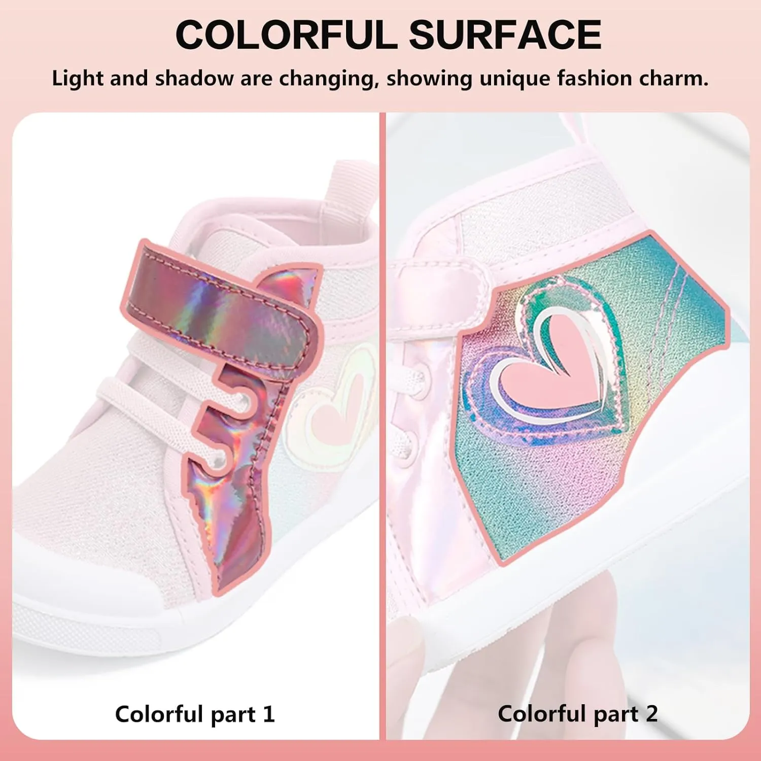 Girls Sneakers Kids High Top Casual Canvas Shoes with Hook & Loop Closure Gradient Color Pinky Heart
