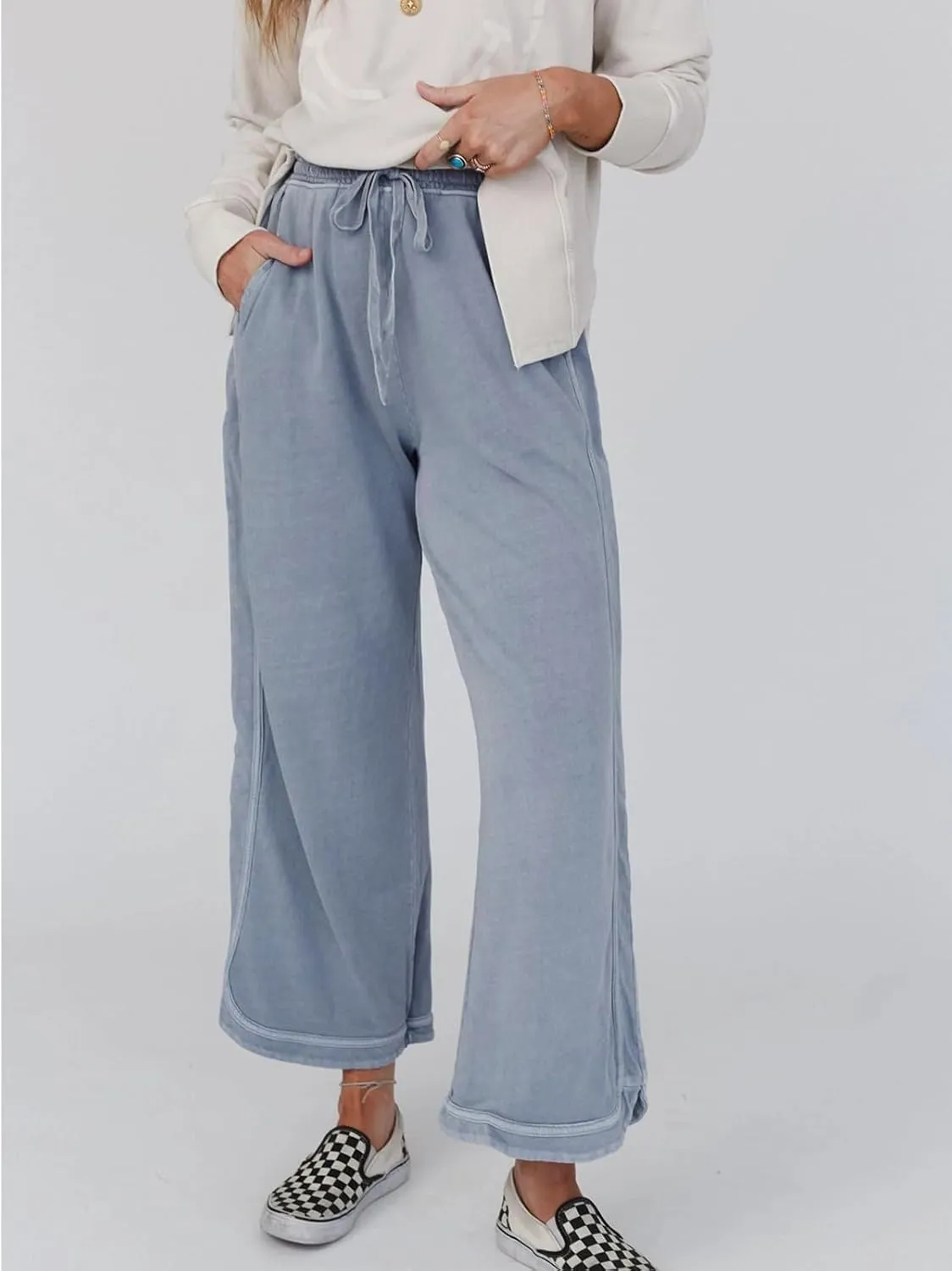 Gnveub Women's Yoga Pants Lightweight Wide Leg Sweatpants High Waisted Drawstring Loose Lounge Pant with Pockets
