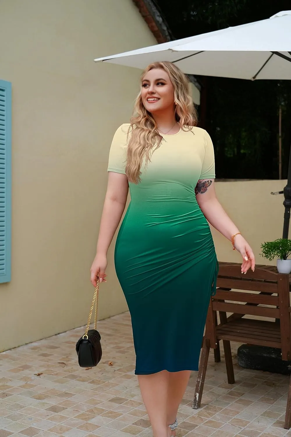 GOKATOSAU Women's Sexy Bodycon Short Sleeve Slit Ruched Summer Club Party Midi Dress