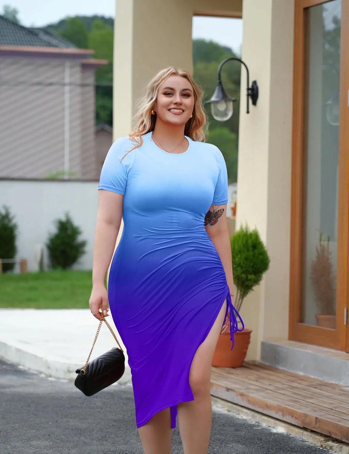 GOKATOSAU Women's Sexy Bodycon Short Sleeve Slit Ruched Summer Club Party Midi Dress