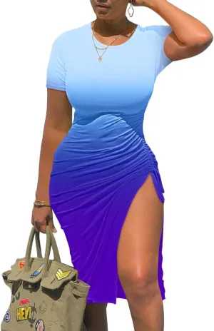 GOKATOSAU Women's Sexy Bodycon Short Sleeve Slit Ruched Summer Club Party Midi Dress