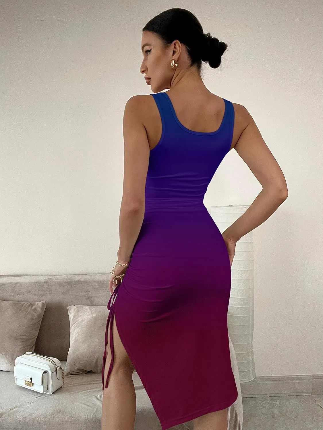 GOKATOSAU Women's Summer Sexy Sleeveless Side Split Bodycon Ruched Midi Tank Dress