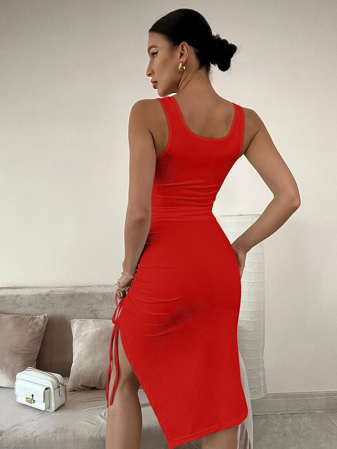 GOKATOSAU Women's Summer Sexy Sleeveless Side Split Bodycon Ruched Midi Tank Dress
