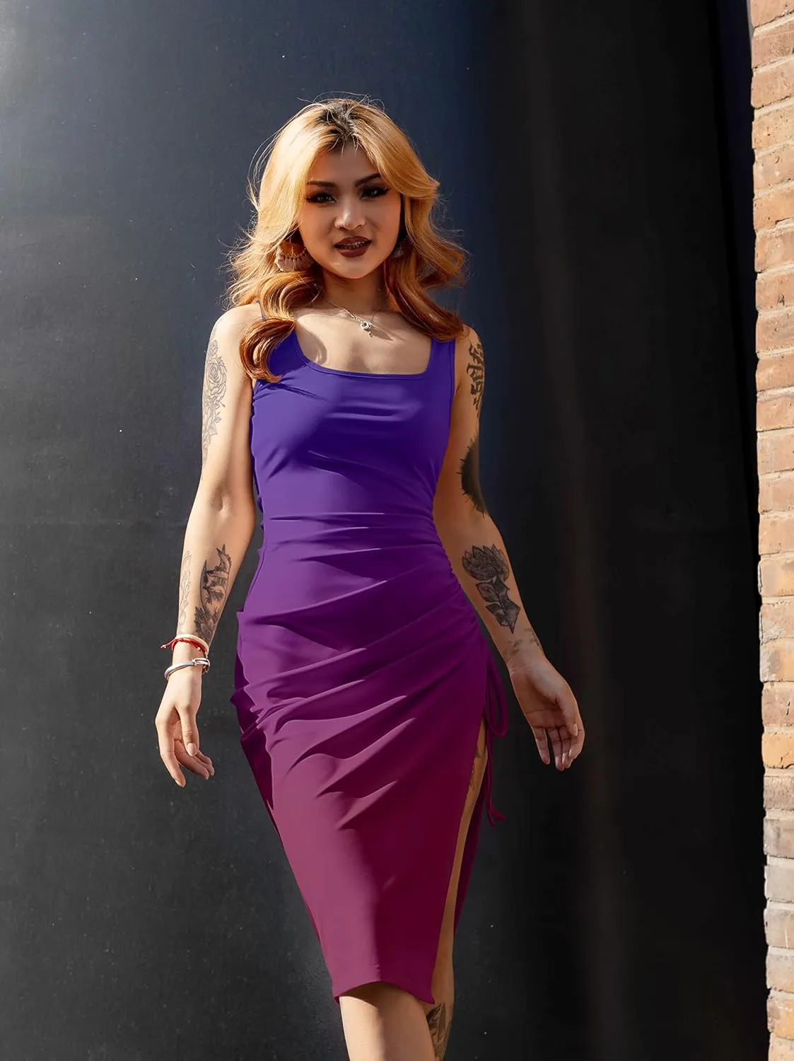 GOKATOSAU Women's Summer Sexy Sleeveless Side Split Bodycon Ruched Midi Tank Dress