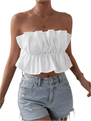 GORGLITTER Women's Strapless Bandeau Tube Top Ruffle Open Back Bubble Crop Tops Summer Going Out Tops