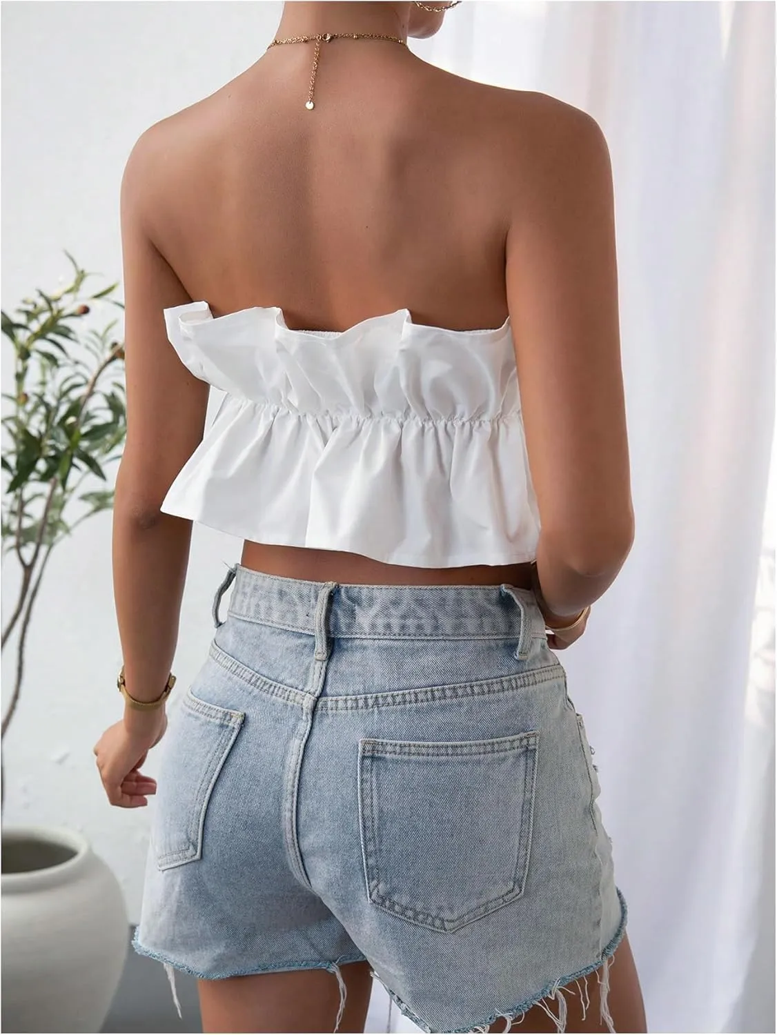 GORGLITTER Women's Strapless Bandeau Tube Top Ruffle Open Back Bubble Crop Tops Summer Going Out Tops