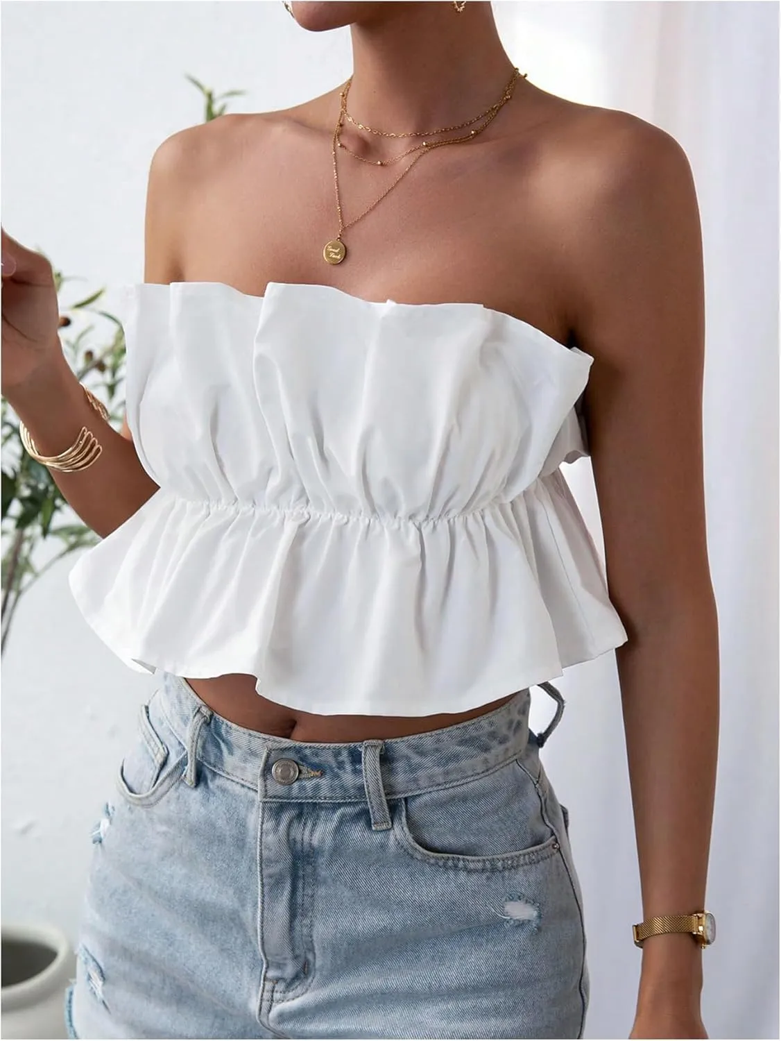 GORGLITTER Women's Strapless Bandeau Tube Top Ruffle Open Back Bubble Crop Tops Summer Going Out Tops
