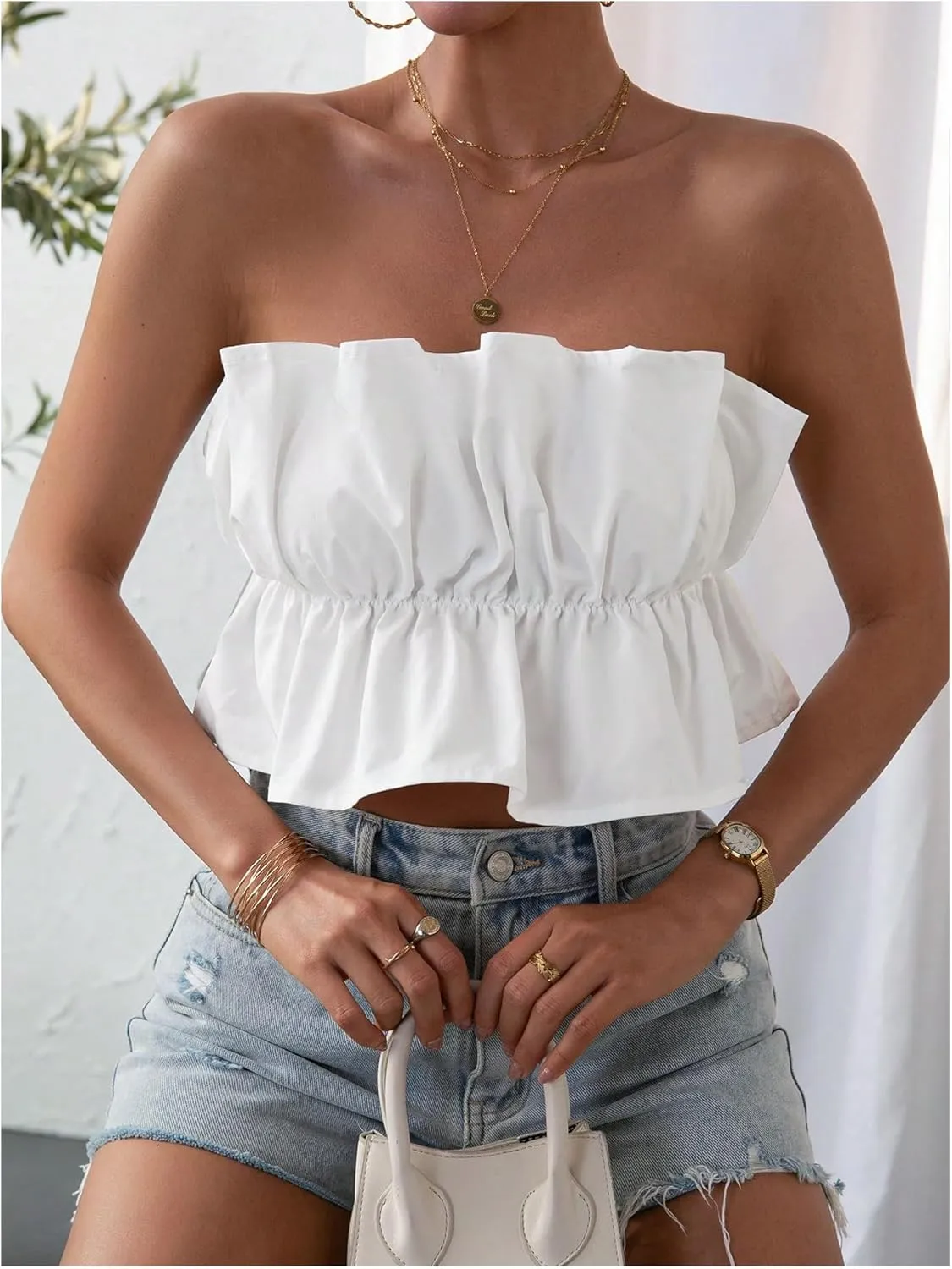 GORGLITTER Women's Strapless Bandeau Tube Top Ruffle Open Back Bubble Crop Tops Summer Going Out Tops