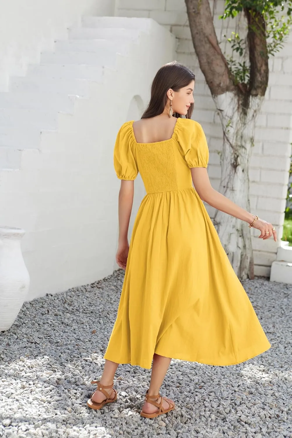 GRACE KARIN 2024 Women's Summer V Neck Smocked Cotton Dresses Short Puff Sleeve Flowy A Line Maxi Dress with Pockets
