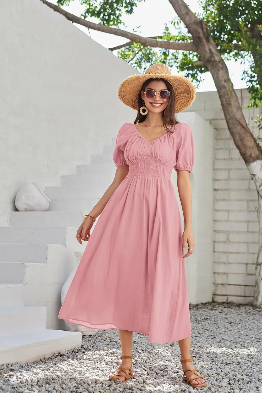 GRACE KARIN 2024 Women's Summer V Neck Smocked Cotton Dresses Short Puff Sleeve Flowy A Line Maxi Dress with Pockets