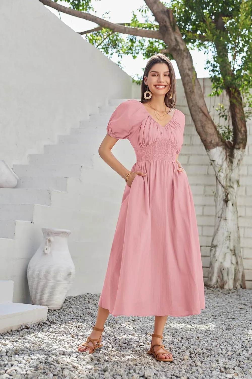 GRACE KARIN 2024 Women's Summer V Neck Smocked Cotton Dresses Short Puff Sleeve Flowy A Line Maxi Dress with Pockets