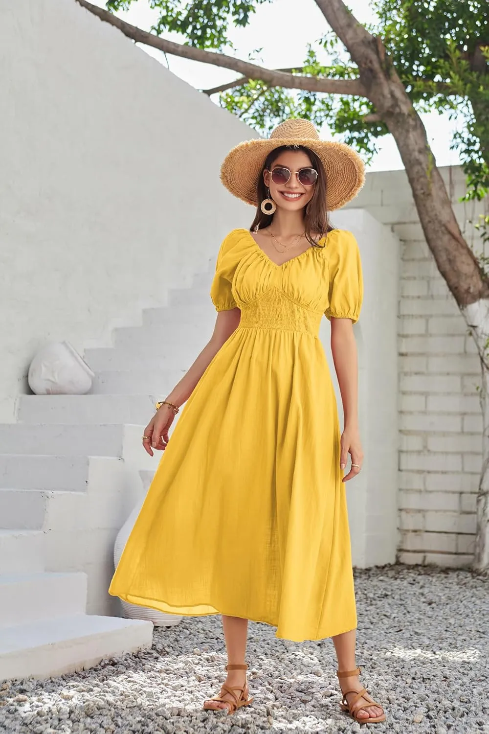 GRACE KARIN 2024 Women's Summer V Neck Smocked Cotton Dresses Short Puff Sleeve Flowy A Line Maxi Dress with Pockets
