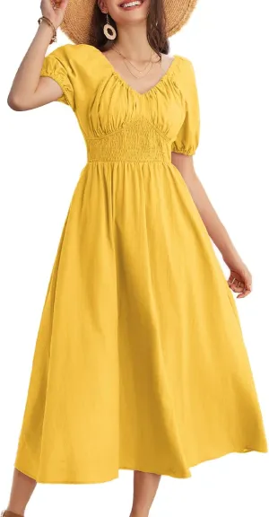 GRACE KARIN 2024 Women's Summer V Neck Smocked Cotton Dresses Short Puff Sleeve Flowy A Line Maxi Dress with Pockets
