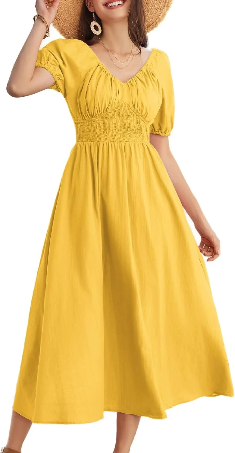 GRACE KARIN 2024 Women's Summer V Neck Smocked Cotton Dresses Short Puff Sleeve Flowy A Line Maxi Dress with Pockets