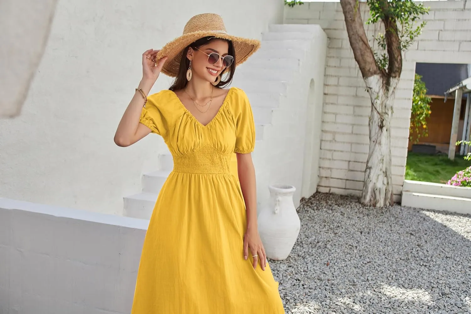 GRACE KARIN 2024 Women's Summer V Neck Smocked Cotton Dresses Short Puff Sleeve Flowy A Line Maxi Dress with Pockets