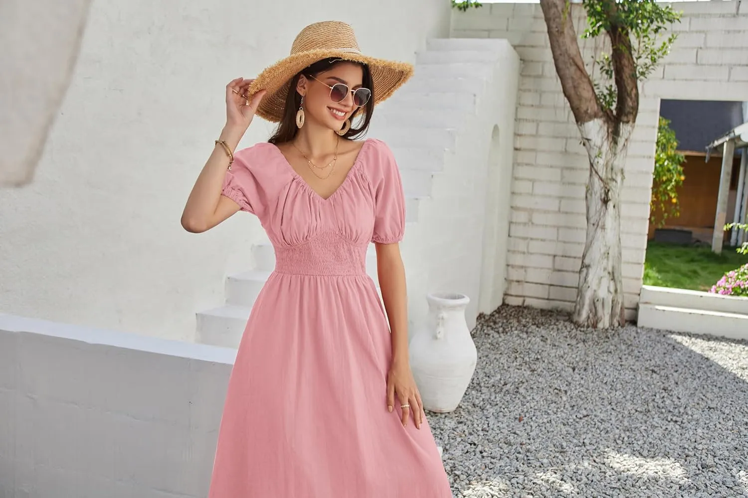 GRACE KARIN 2024 Women's Summer V Neck Smocked Cotton Dresses Short Puff Sleeve Flowy A Line Maxi Dress with Pockets