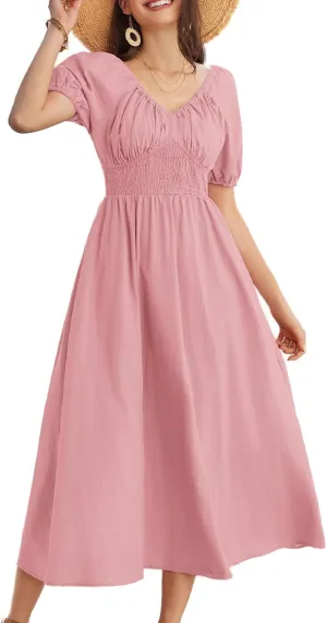 GRACE KARIN 2024 Women's Summer V Neck Smocked Cotton Dresses Short Puff Sleeve Flowy A Line Maxi Dress with Pockets