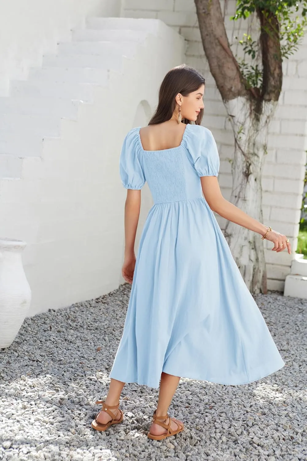 GRACE KARIN 2024 Women's Summer V Neck Smocked Cotton Dresses Short Puff Sleeve Flowy A Line Maxi Dress with Pockets