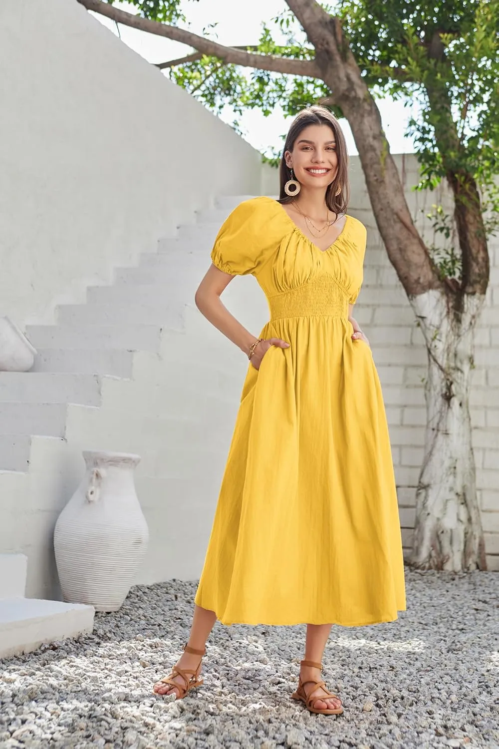 GRACE KARIN 2024 Women's Summer V Neck Smocked Cotton Dresses Short Puff Sleeve Flowy A Line Maxi Dress with Pockets
