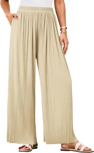 GRACE KARIN Women Wide Leg Pants Pleated Work Dress Pants Elastic Waisted Pull on Business Casual Trousers with Pockets