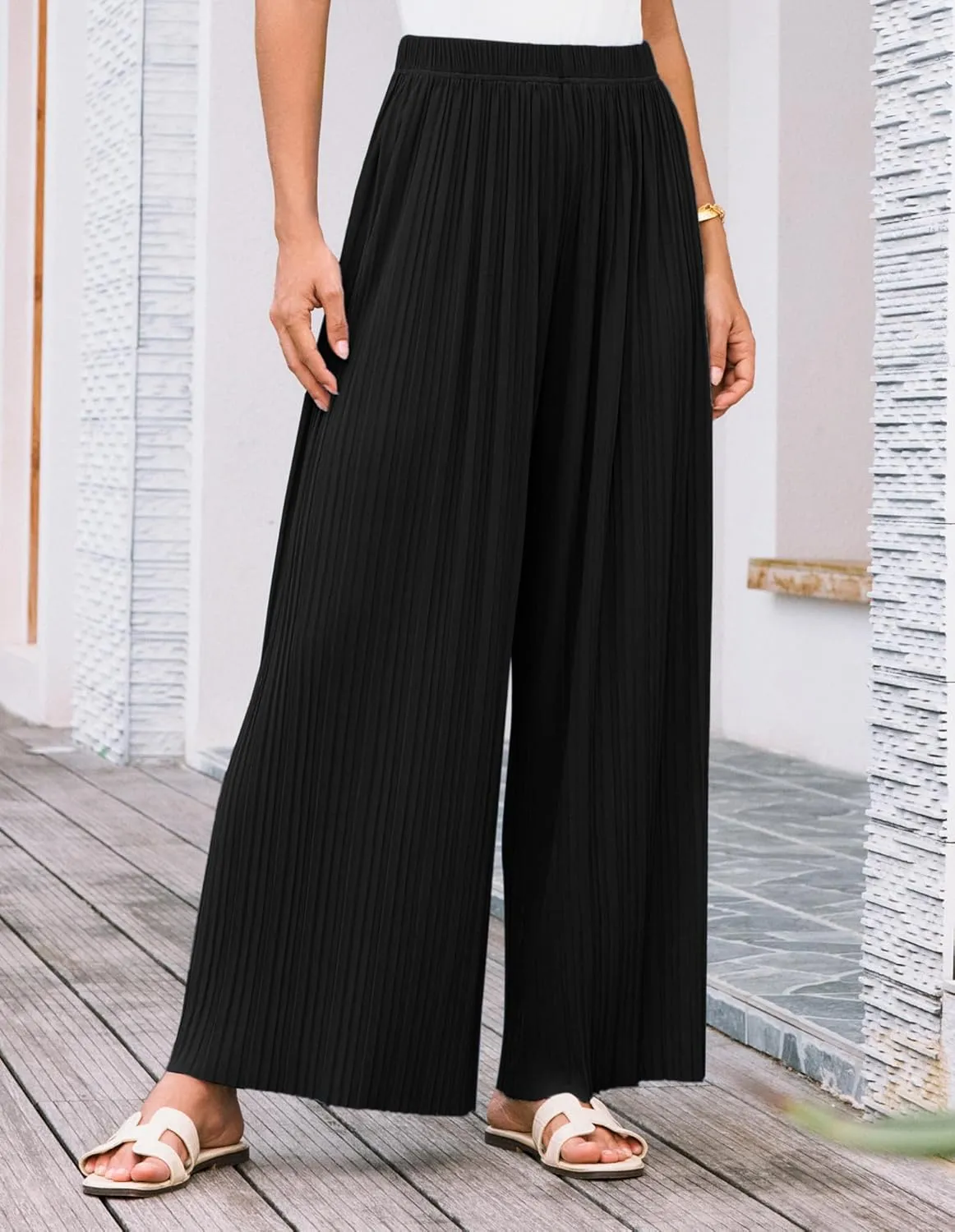 GRACE KARIN Women Wide Leg Pants Pleated Work Dress Pants Elastic Waisted Pull on Business Casual Trousers with Pockets