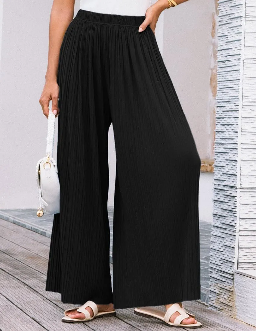 GRACE KARIN Women Wide Leg Pants Pleated Work Dress Pants Elastic Waisted Pull on Business Casual Trousers with Pockets