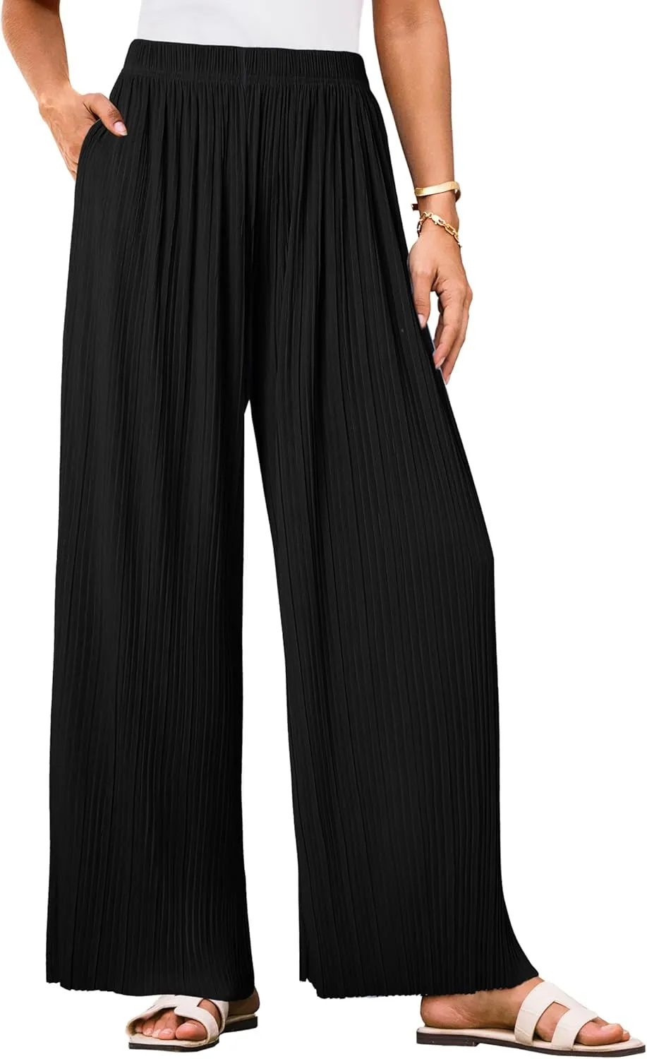GRACE KARIN Women Wide Leg Pants Pleated Work Dress Pants Elastic Waisted Pull on Business Casual Trousers with Pockets