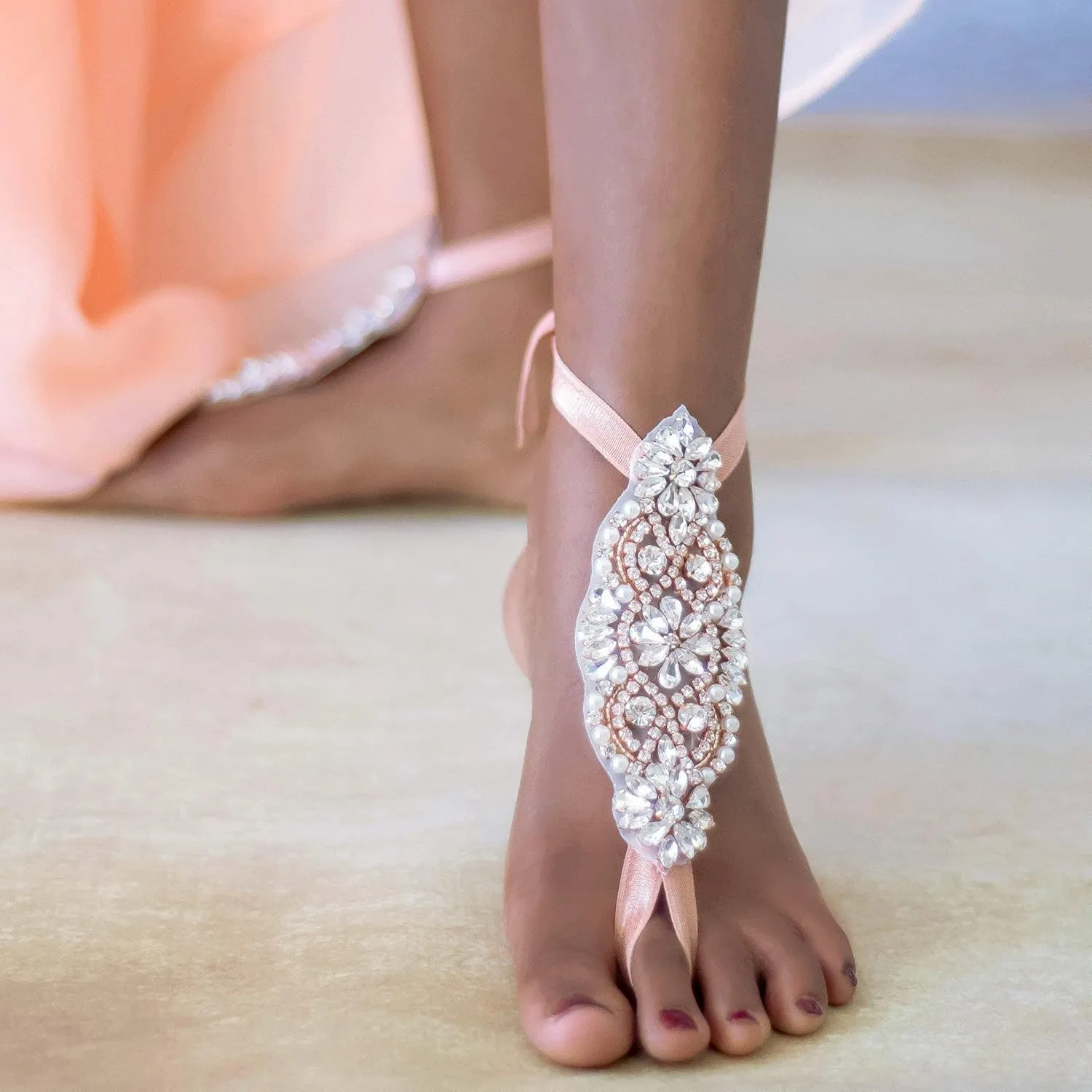 Handmade Bridal Barefoot Sandals, Crystal Women Comfortable Foot Jewelry for Beach Wedding Boho Bride, Adiustable Beach Party Add-on (Rose Gold)