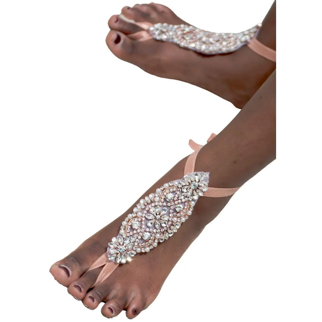 Handmade Bridal Barefoot Sandals, Crystal Women Comfortable Foot Jewelry for Beach Wedding Boho Bride, Adiustable Beach Party Add-on (Rose Gold)