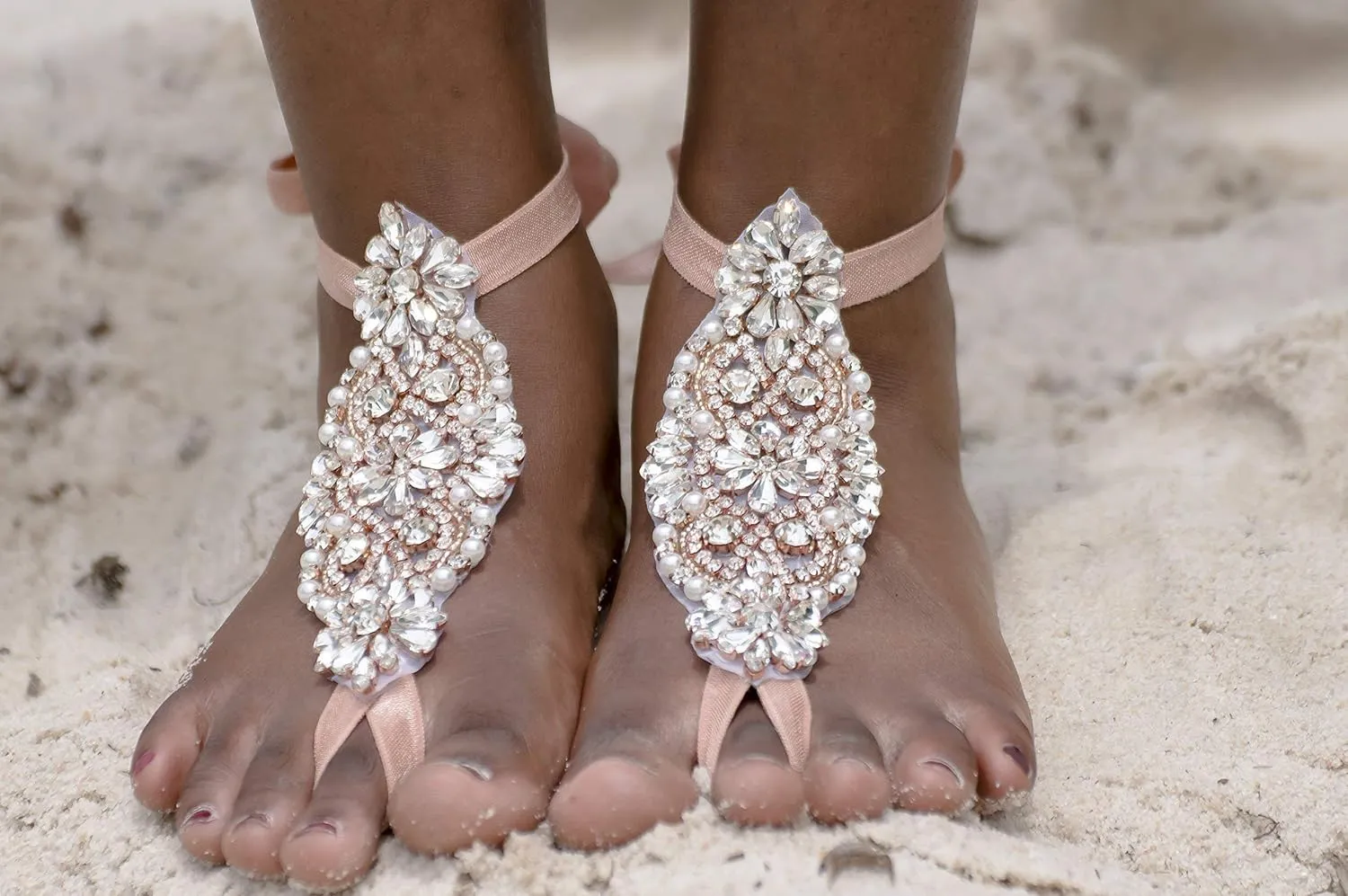 Handmade Bridal Barefoot Sandals, Crystal Women Comfortable Foot Jewelry for Beach Wedding Boho Bride, Adiustable Beach Party Add-on (Rose Gold)