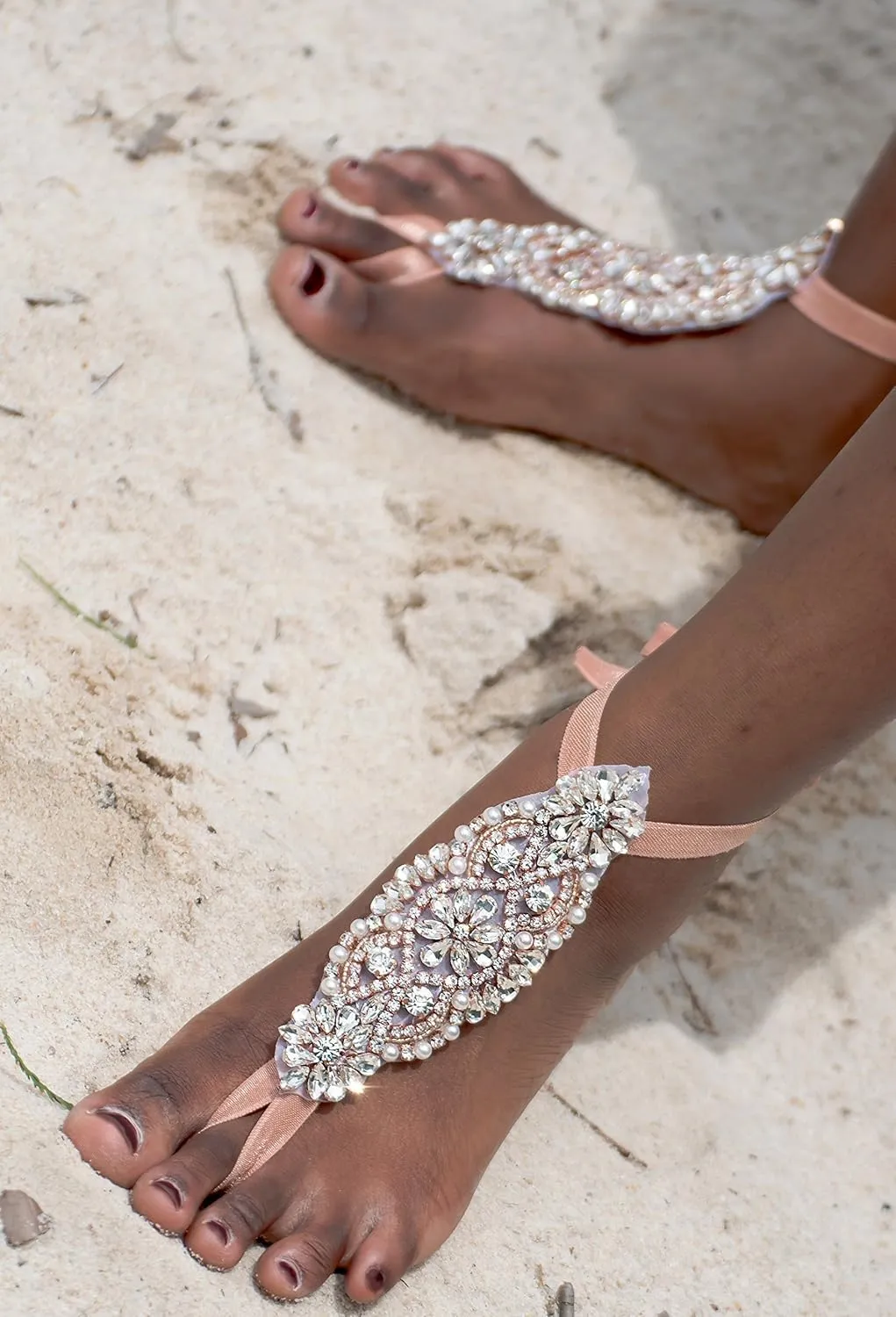 Handmade Bridal Barefoot Sandals, Crystal Women Comfortable Foot Jewelry for Beach Wedding Boho Bride, Adiustable Beach Party Add-on (Rose Gold)