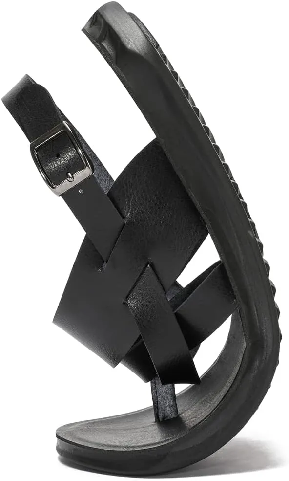 Harssidanzar Mens Leather Sandals,Summer Comfy Outdoor Adjustable Ankle Strap Flat Slip On Sandals For Men's KM218