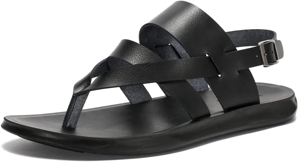 Harssidanzar Mens Leather Sandals,Summer Comfy Outdoor Adjustable Ankle Strap Flat Slip On Sandals For Men's KM218