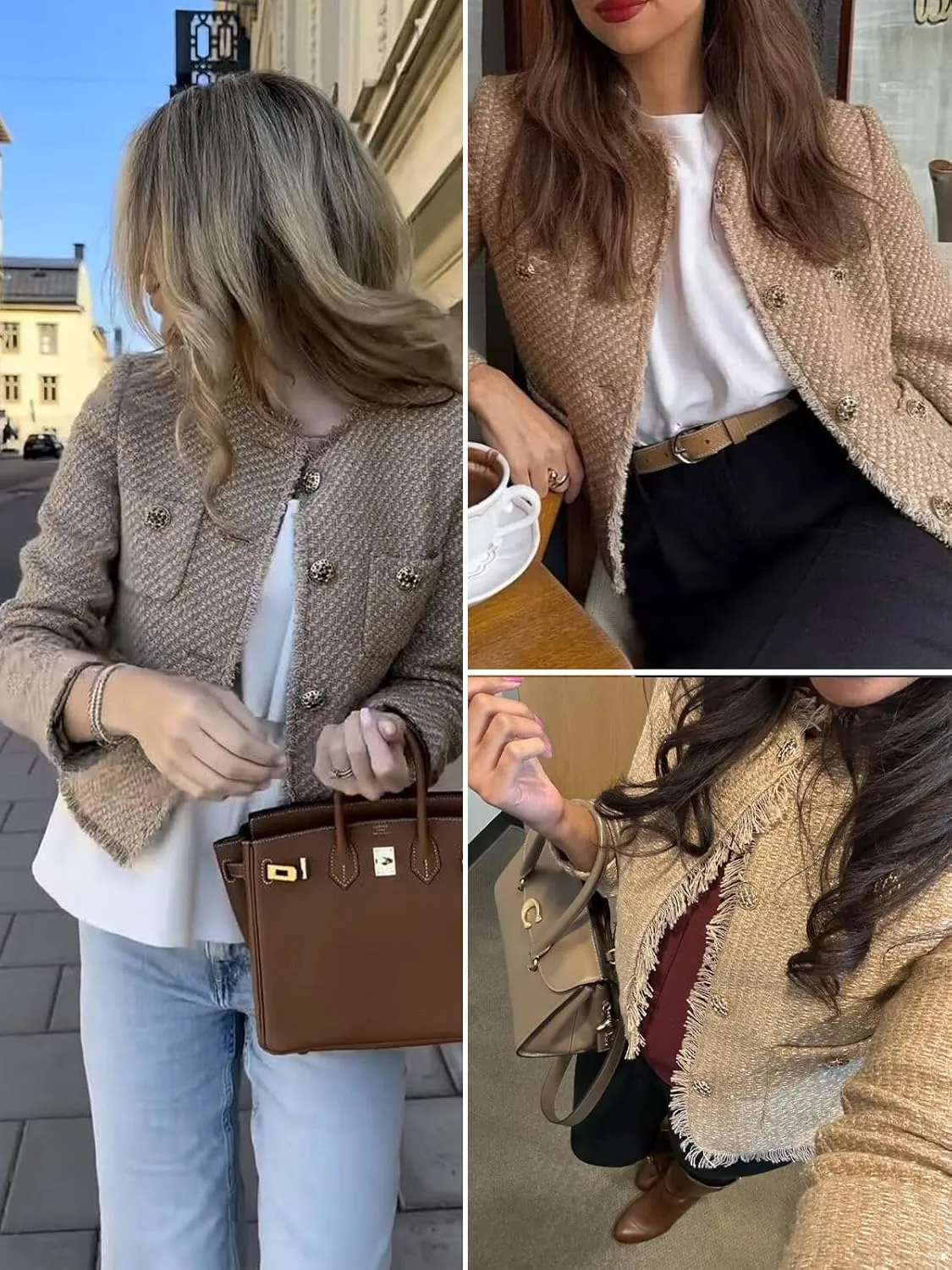 hathne Womens Tweed Blazers Jackets Casual Long Sleeve Button Down Cropped Jacket Coat Tops with Pocket
